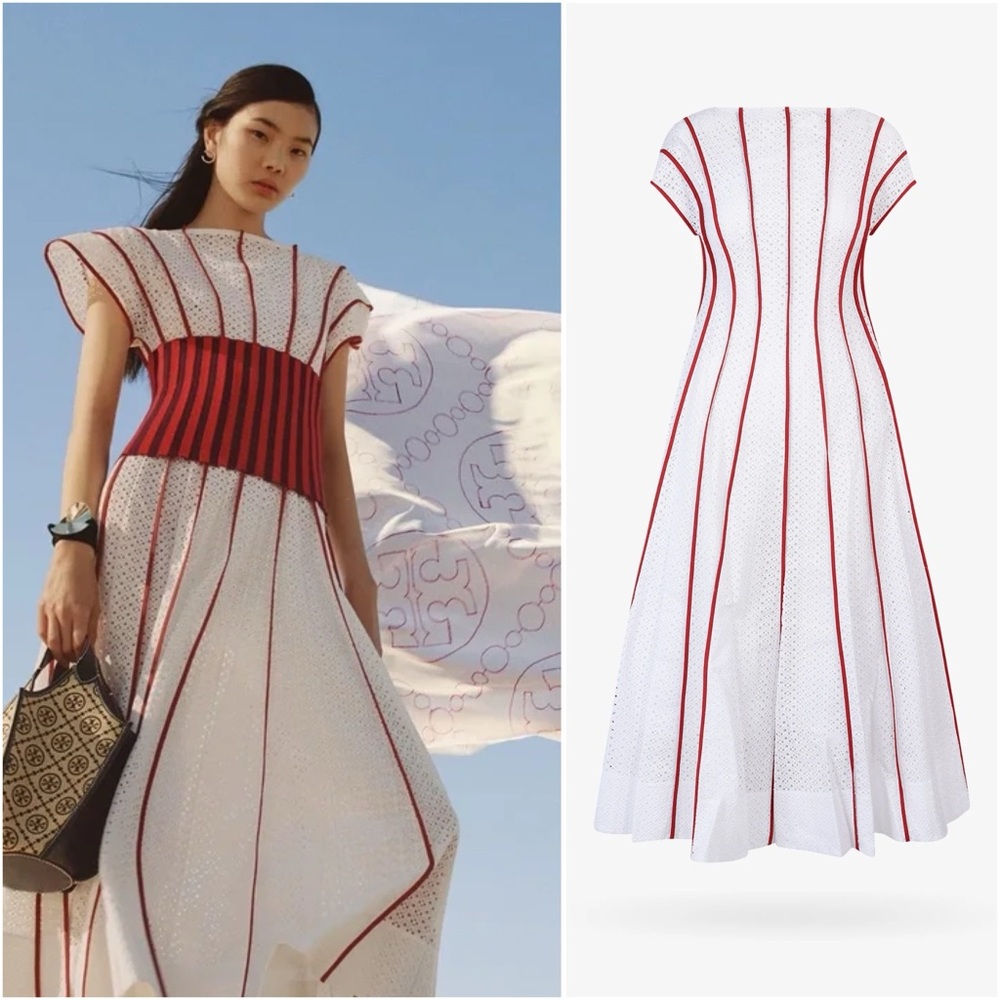 EUC Tory Burch White Eyelet Dress with Red Accents